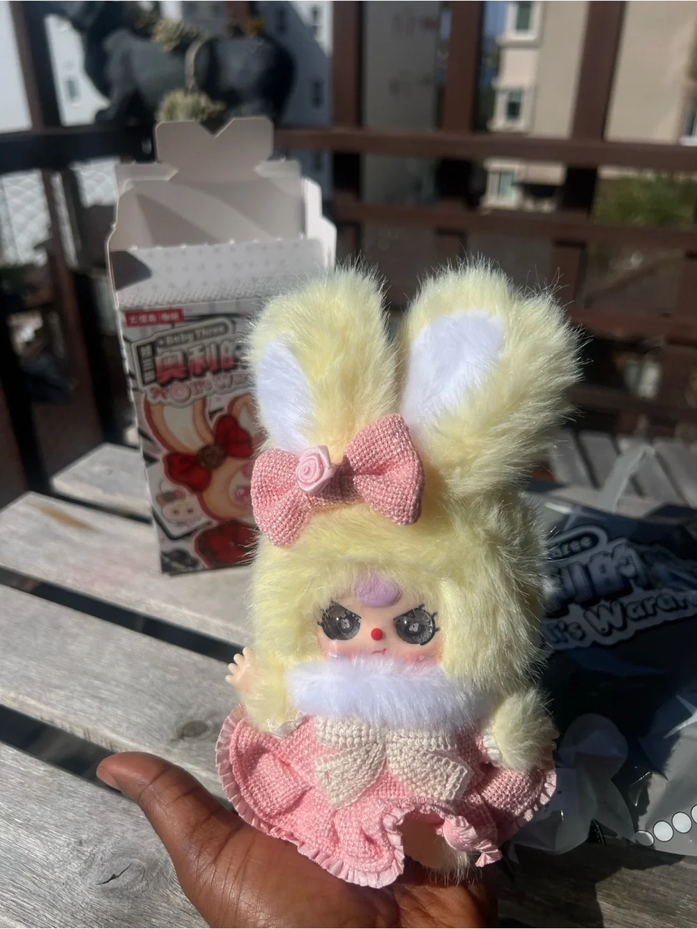 Open box PopMart Baby 3 Plush Doll in Yellow and Pink - Cute Small Pets Toy